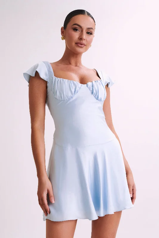 Carson Ruched Satin Mini Dress - Powder Blue