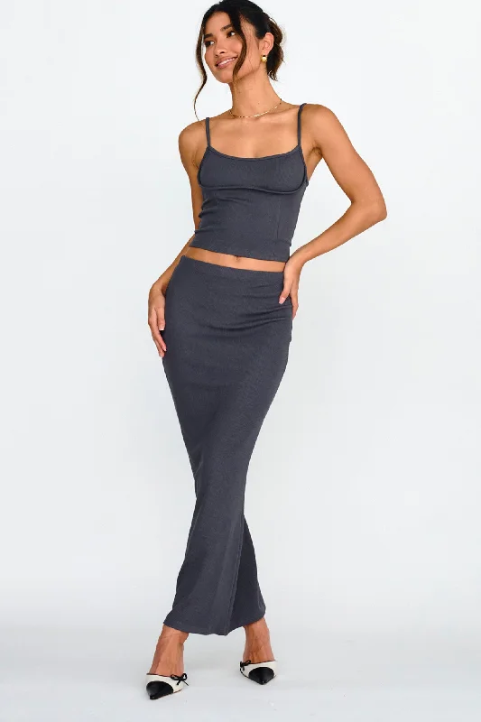 Strike A Pose Ribbed Maxi Skirt Charcoal