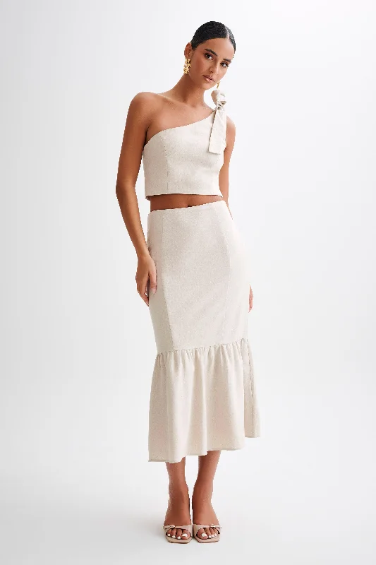 Venezia Linen Midi Skirt With Ruffle - Natural