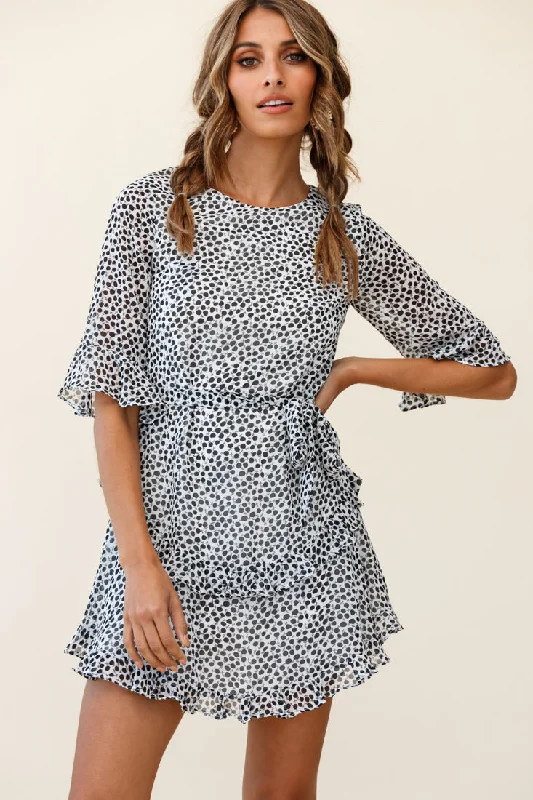 Wife Me Crew Neck Ruffle Insert Dress Polka Dot Black